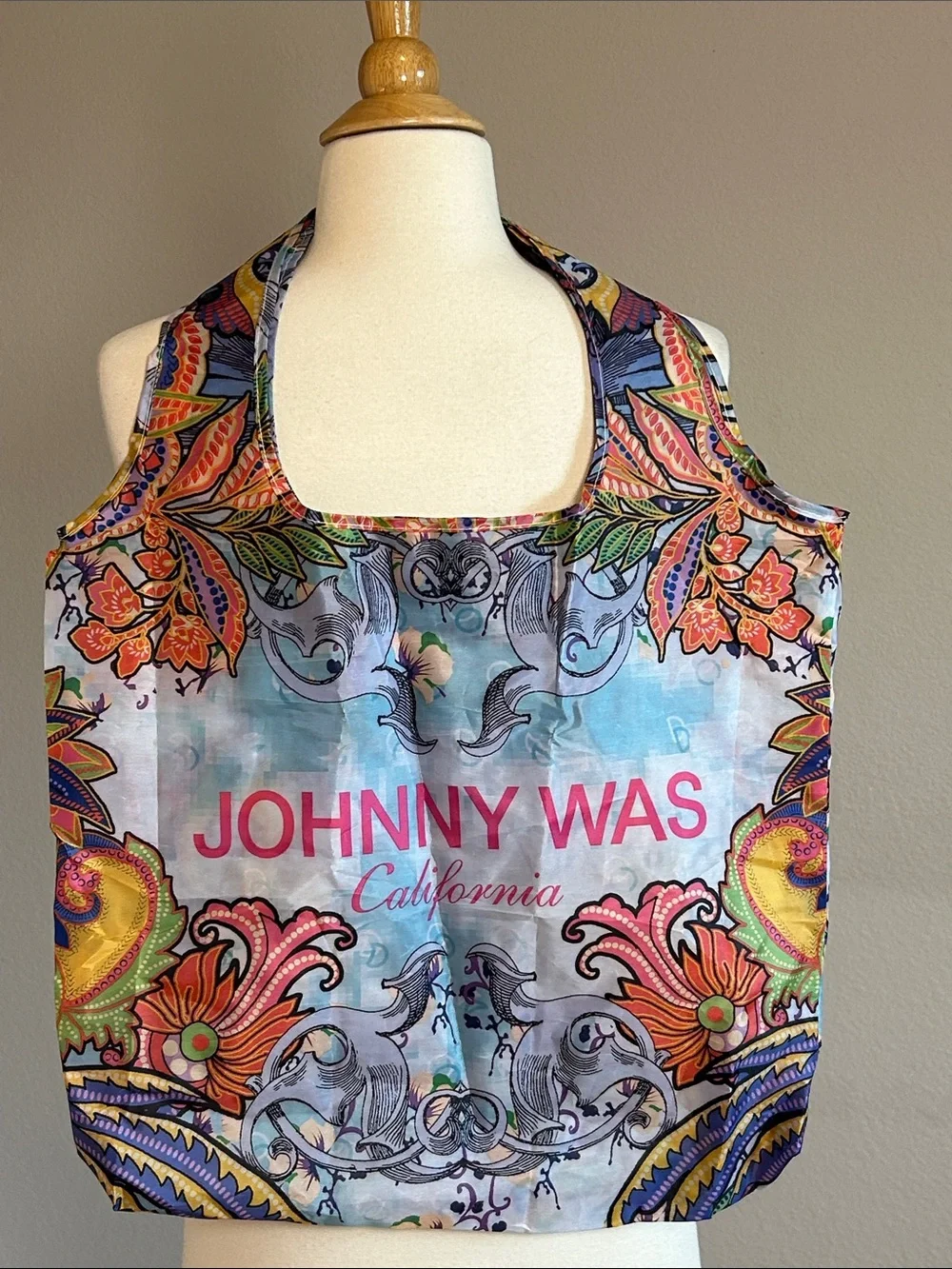 Johnny Was Multicolor Floral Paisley Large Foldable Tote with Pink Logo